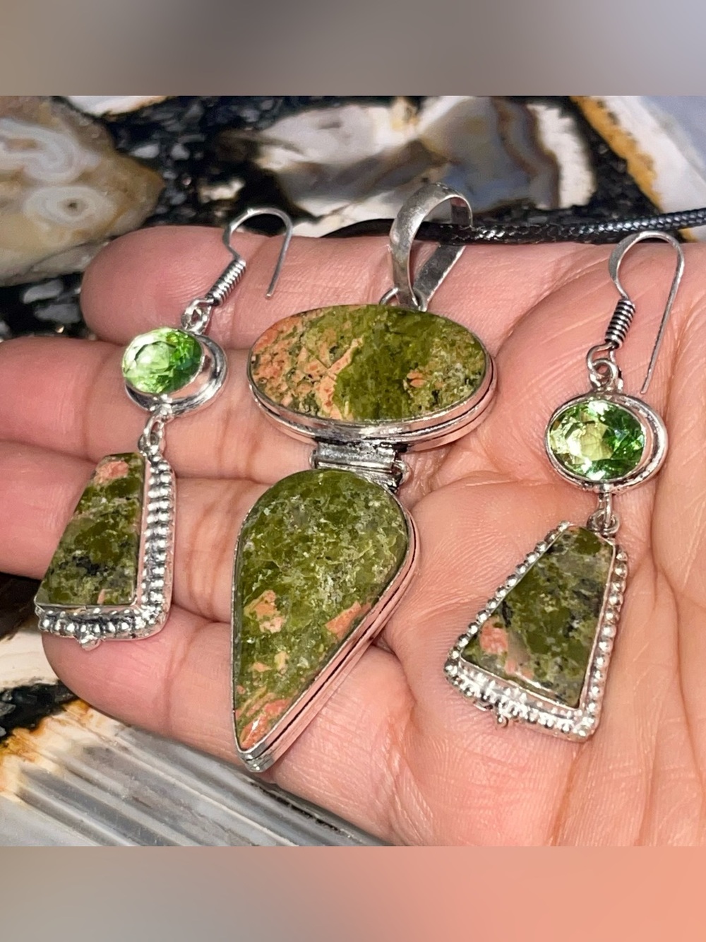 Epidote Unakite Jasper Crystal Pendant & Earrings Set